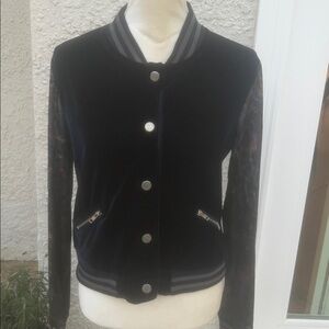 POL Women's Dark Blue Velvet Floral Sleeve Boho Bomber Varsity Jacket Size S